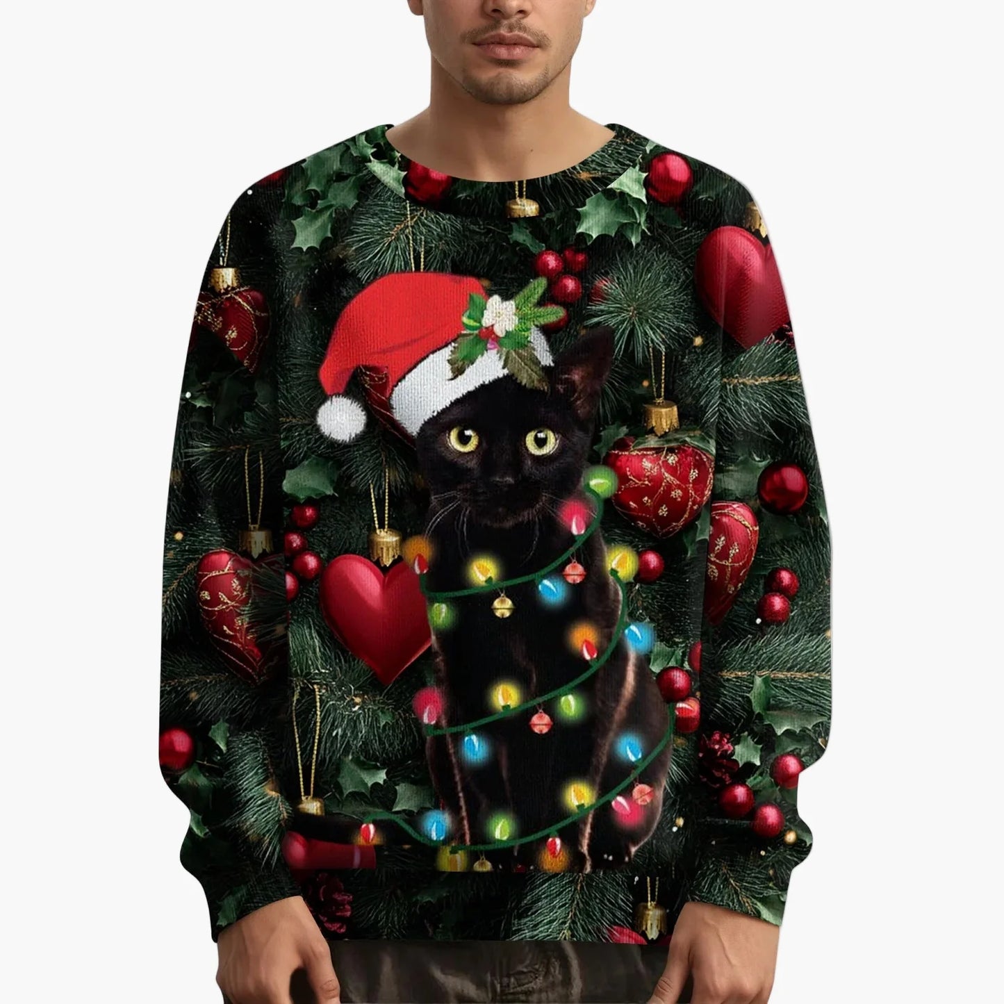 Felpa di Natale uomo con motivo gatto e maglione lavorato a maglia – Stile festivo e originale