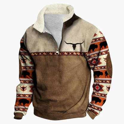 Fleece-trøje med lynlås i western-stil til mænd, ærmer med etniske mønstre, til afslappet brug