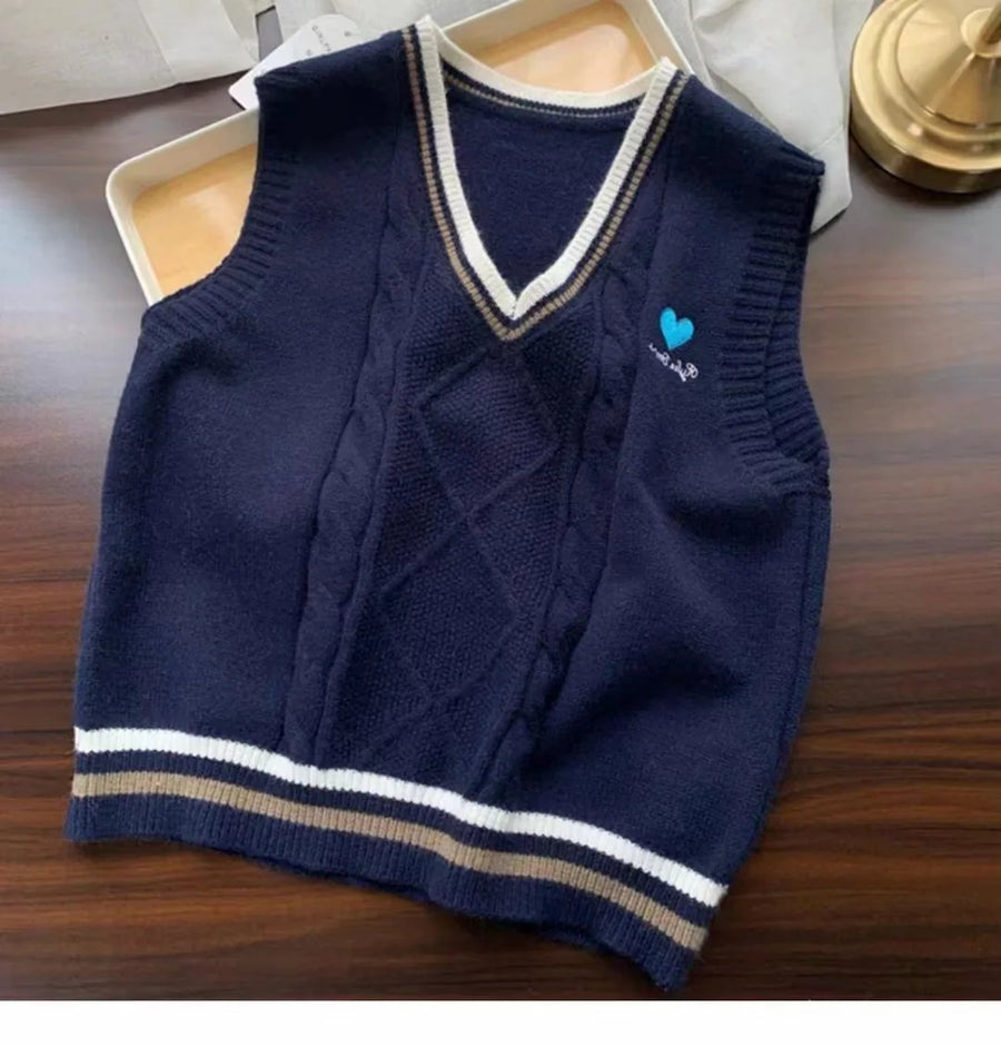Gilet da donna senza maniche in maglia con scollo a V e motivi a trecce, stile preppy