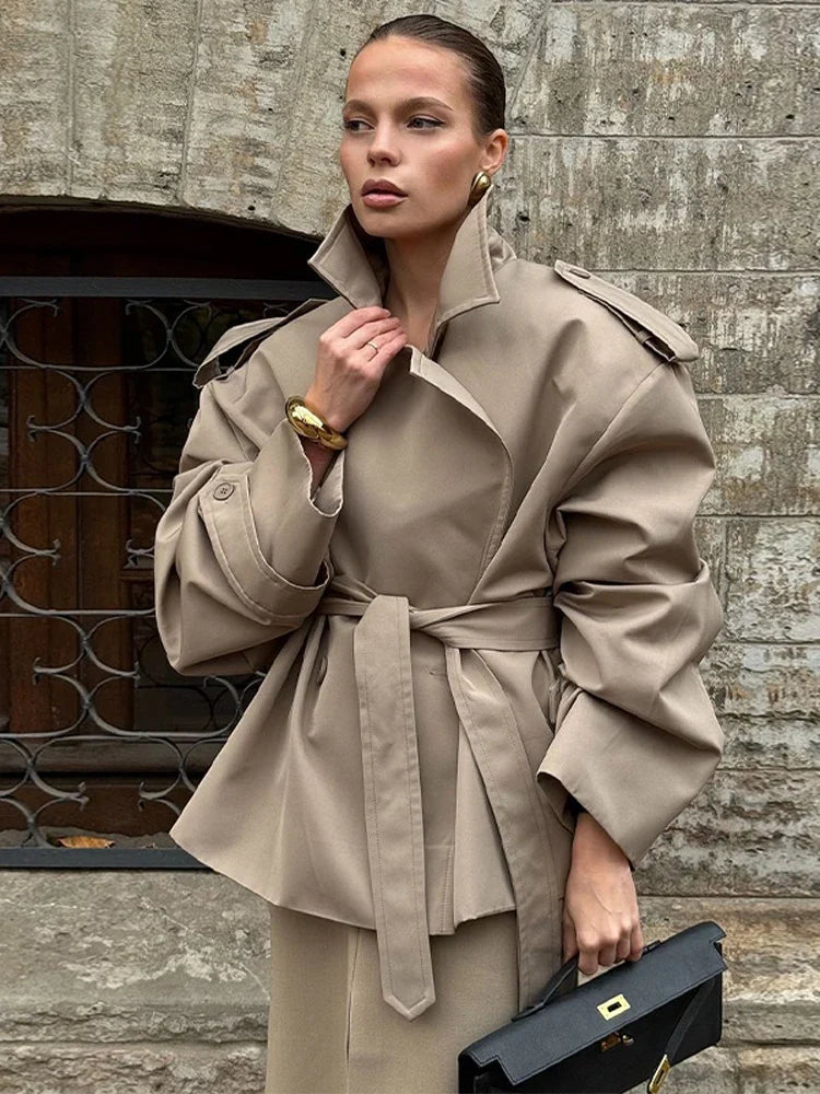 Trench-coat ample pour femme, long ou court, avec ceinture et col montant
