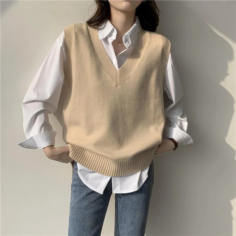 Damesgilet zonder mouwen van effen gebreide stof met V-hals, casual stijl
