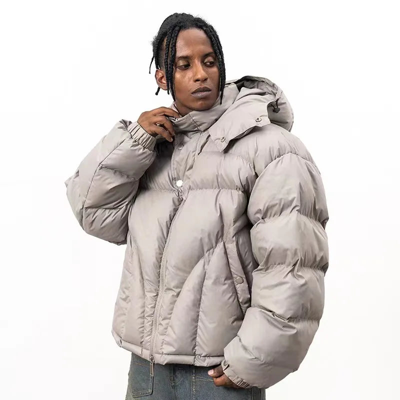 Men's short hooded quilted puffer jacket - Loose fit, zip and snap-button closure