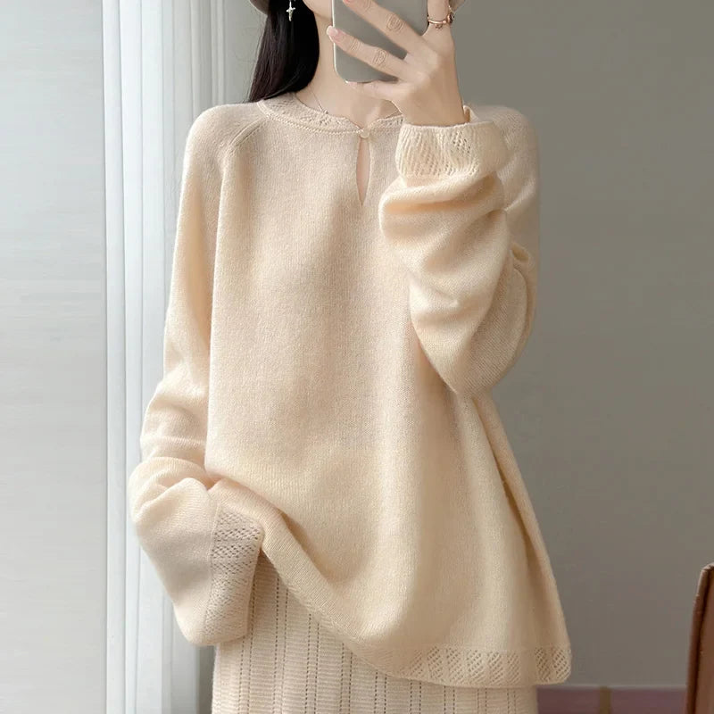 Pull en maille doux pour femme Col rond Manches longues Rose clair