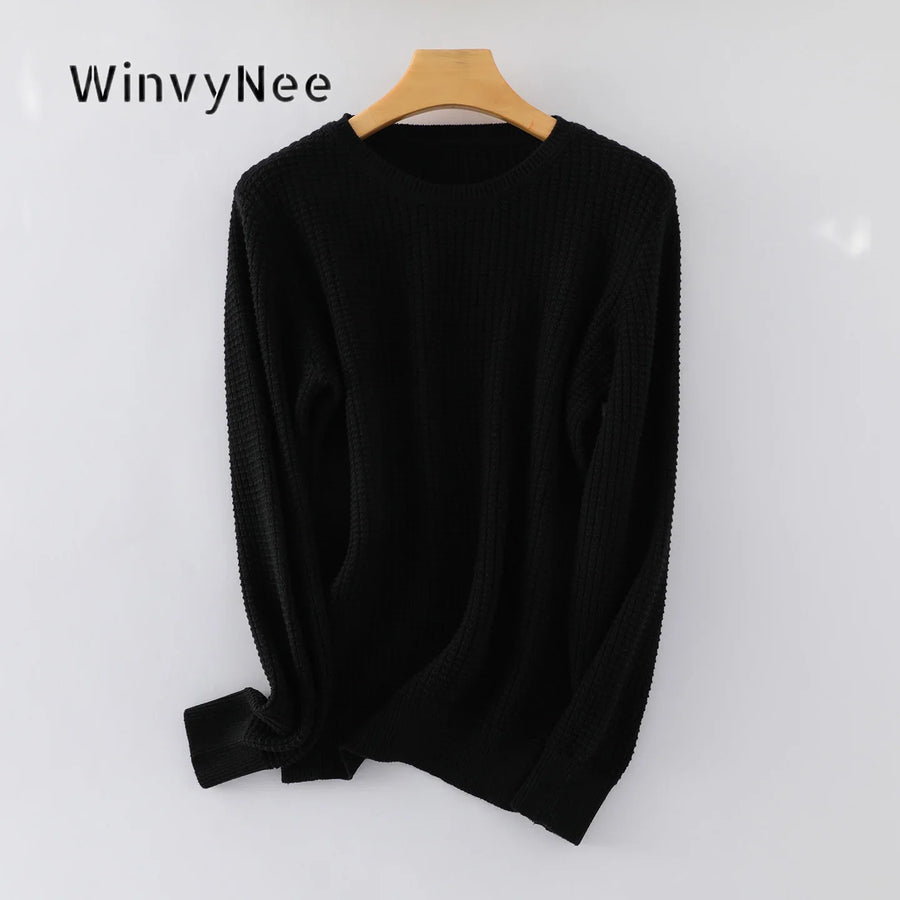 Jersey de punto gofrado de manga larga y cuello redondo para mujer