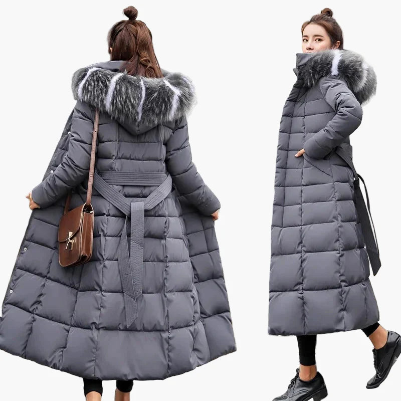 Lang dunjakke til kvinder i koreansk stil med hætte og pelskrave – Elegant og varm vinter