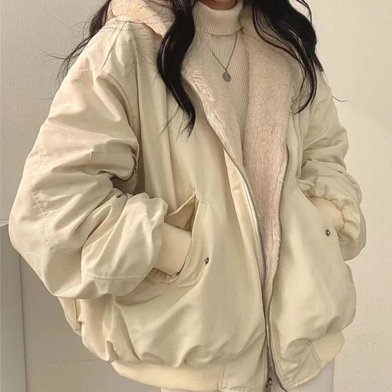 Veste bomber femme réversible à capuche en polaire doux et tissu uni