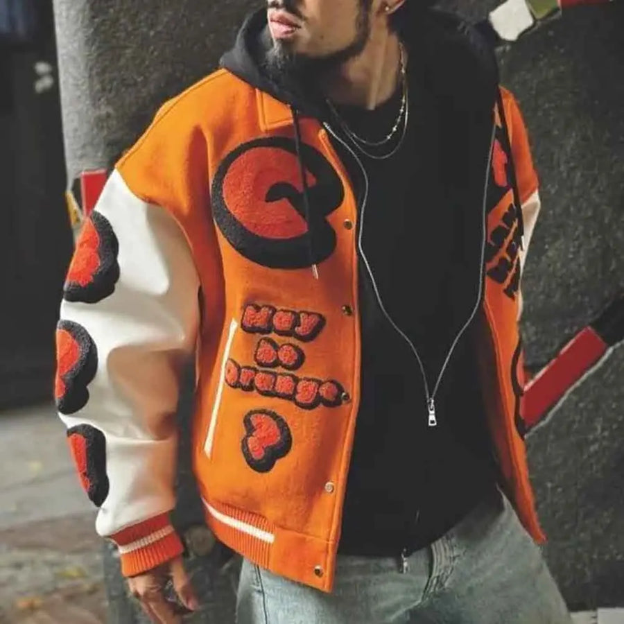 Men's two-tone bomber jacket with assorted prints and contrasting sleeves