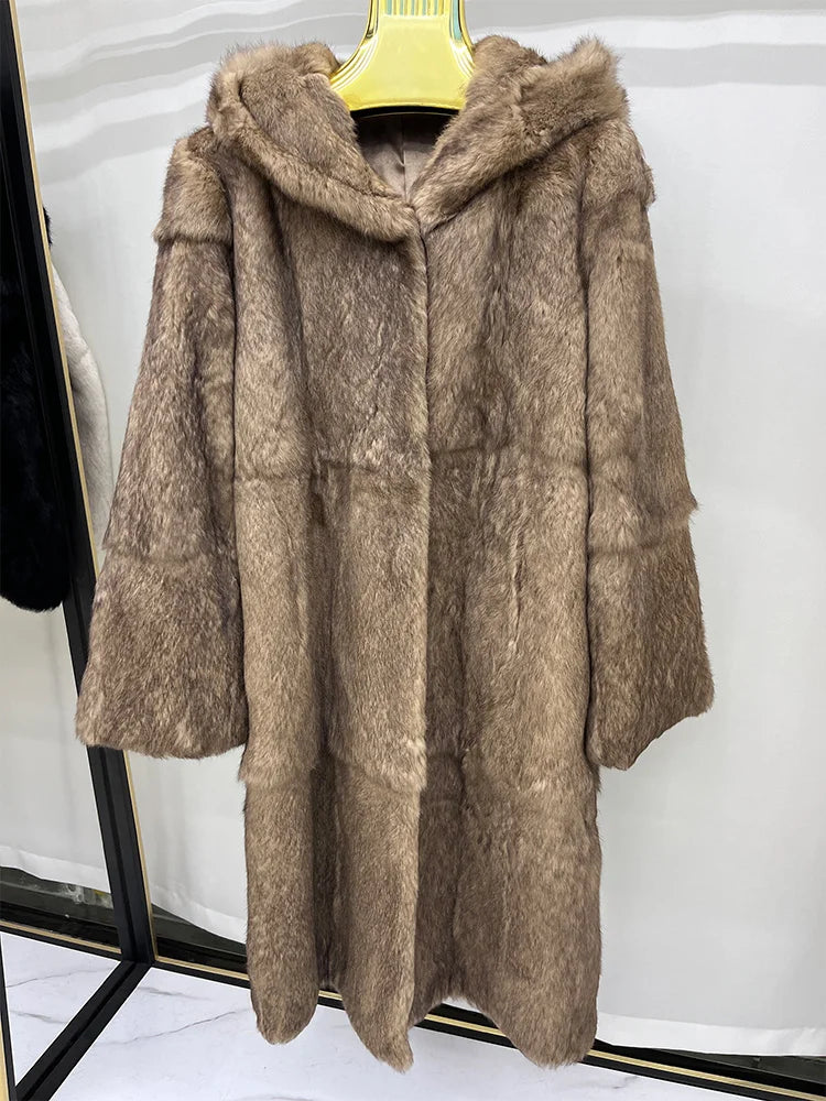 Abrigo largo con capucha de piel sintética para mujer, estilo parka acogedora