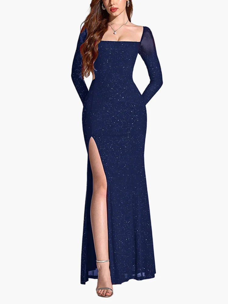 Robe de soirée élégante fendue à manches longues pour femme, style gala et événement