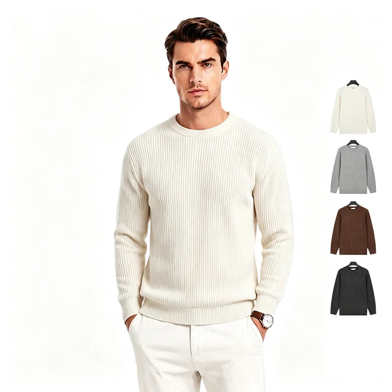 Pull homme côtelé col rond décontracté blanc cassé