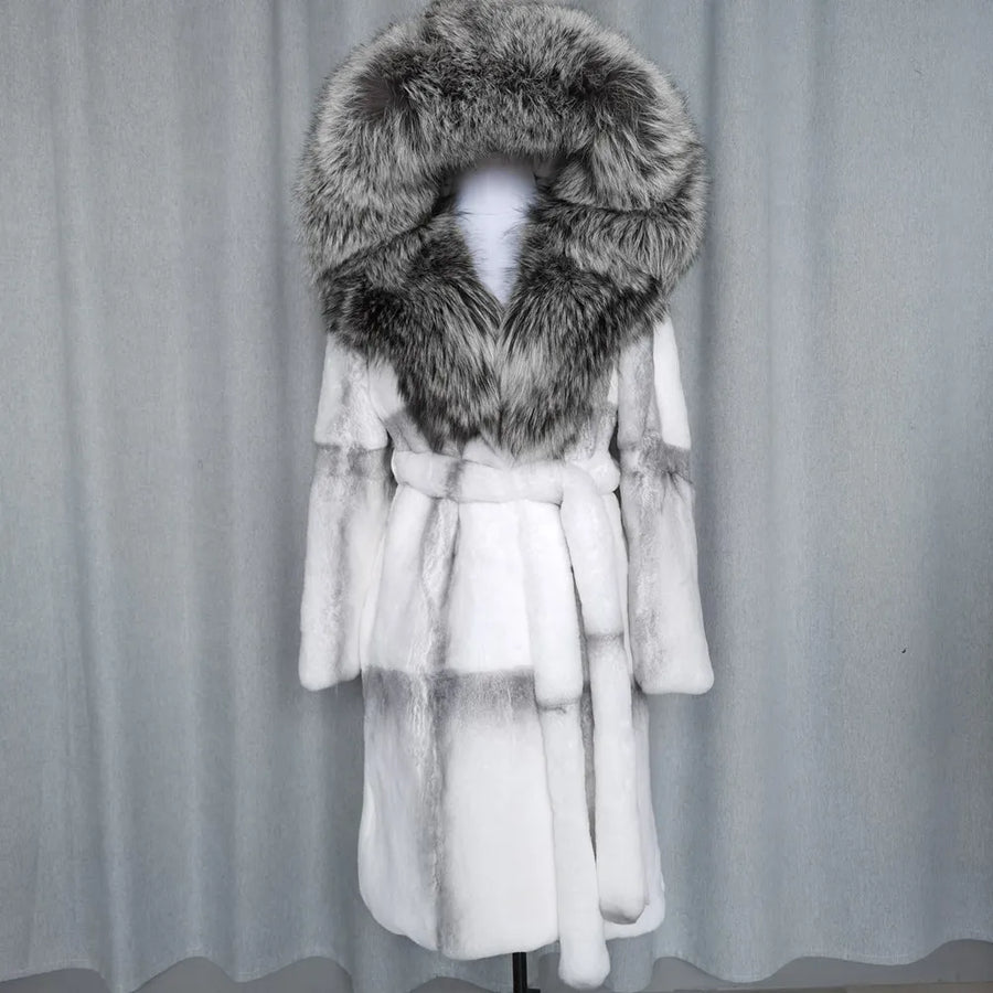 Manteau à capuche en fausse fourrure bicolore style luxe pour femme