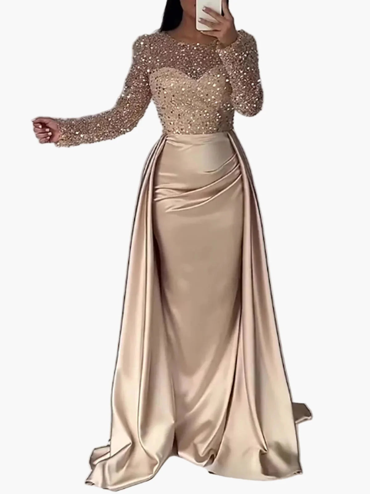 Vestido de noche para mujer elegante con mangas largas estilo gala, chic y glamuroso para eventos formales