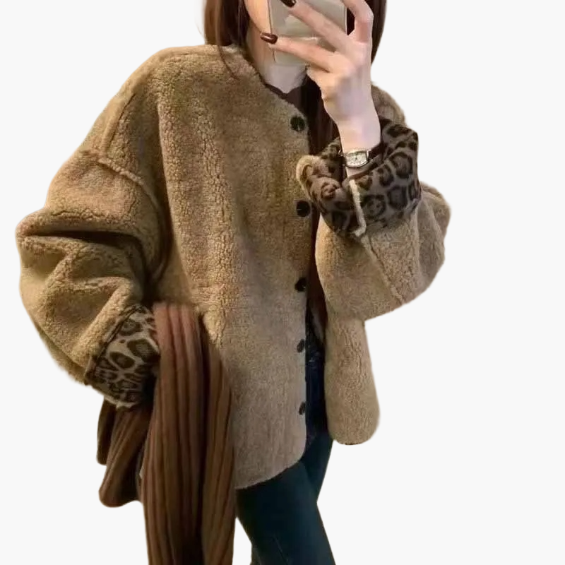 Chaqueta de mujer estilo casual oversize con botones y estampado de leopardo en los puños