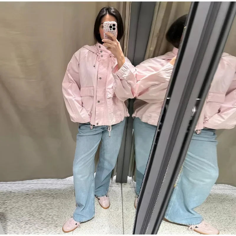 Veste légère à capuche pour femme rose poudré avec poches et cordons de serrage
