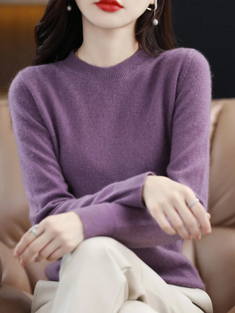 Pull col rond basique femme manches longues uni