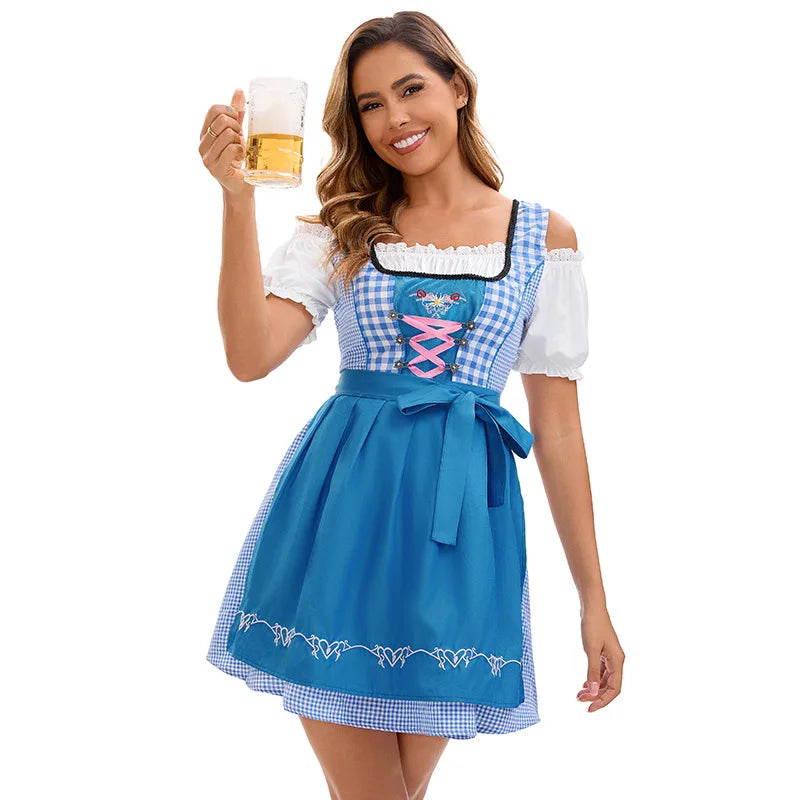 Blå- og hvidternet dirndl-kjole med forklæde og bluse til kvinder