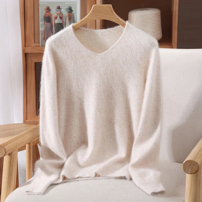 Maglione donna confortevole a collo a V, con maniche lunghe, in materiale morbido
