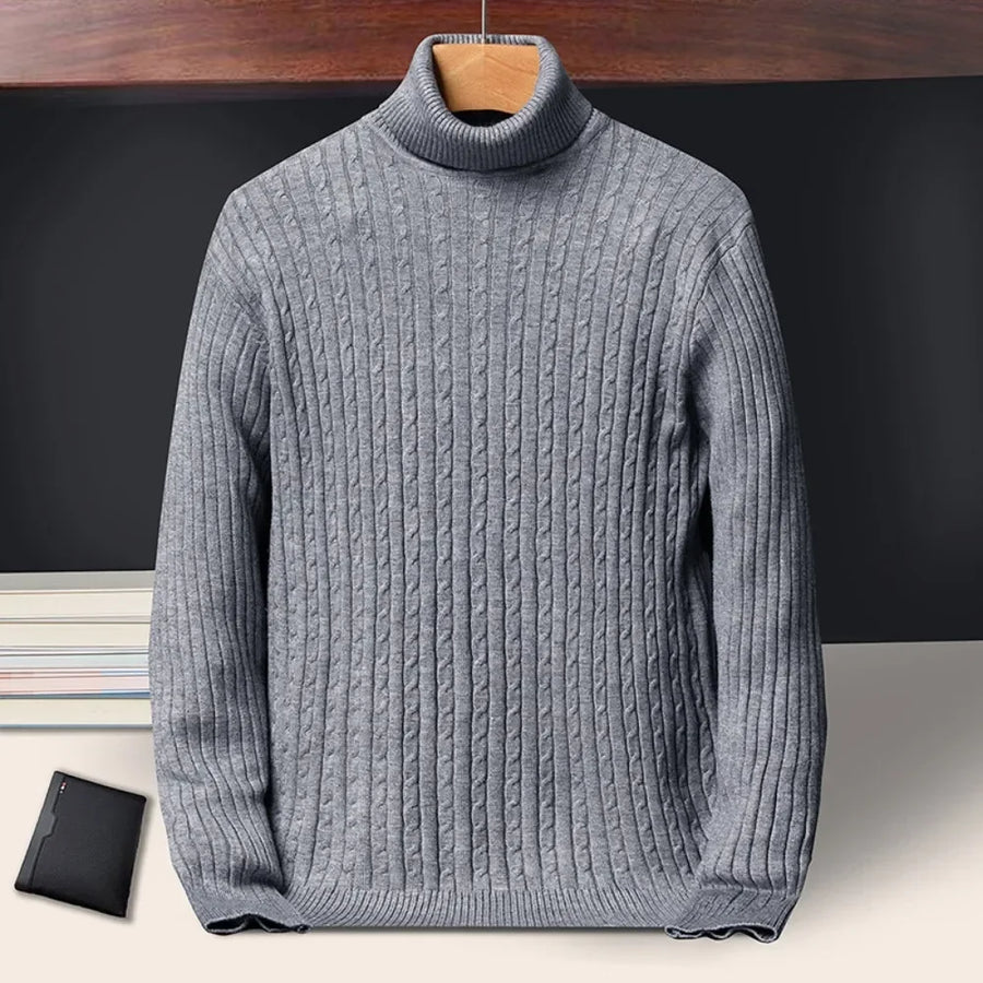 Pull Col Roulé Homme Torsadé Tricoté Couleur Unie Manches Longues