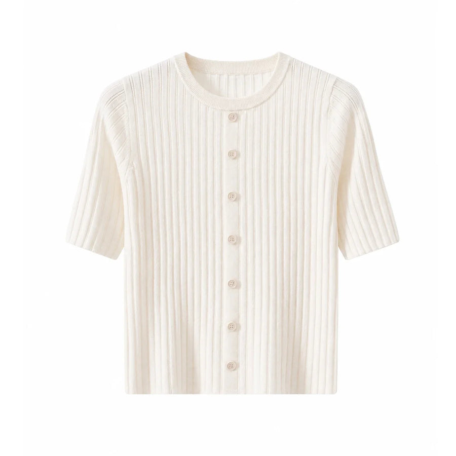 Cardigan côtelé Femme Manches Courtes Boutonné Col Rond