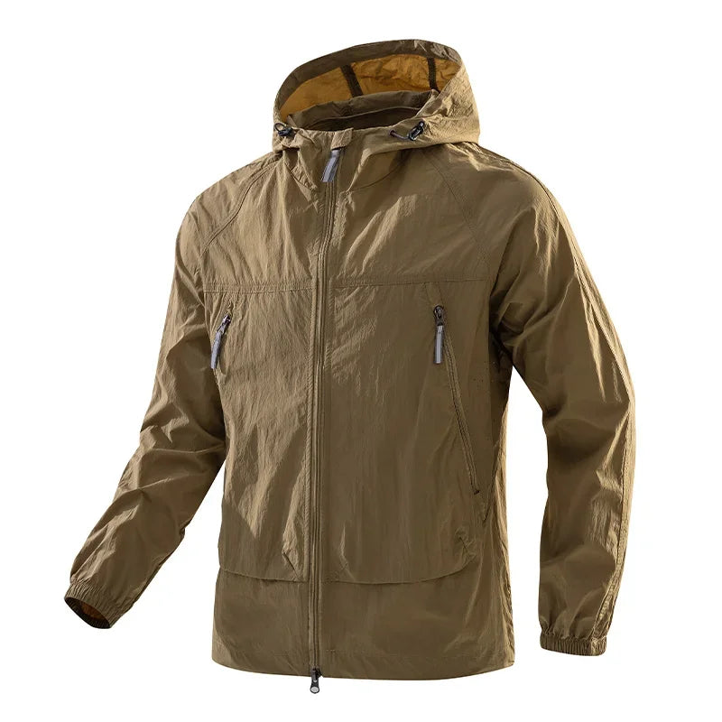 Chaqueta ligera con capucha para hombre, cortavientos con cremallera y bolsillos