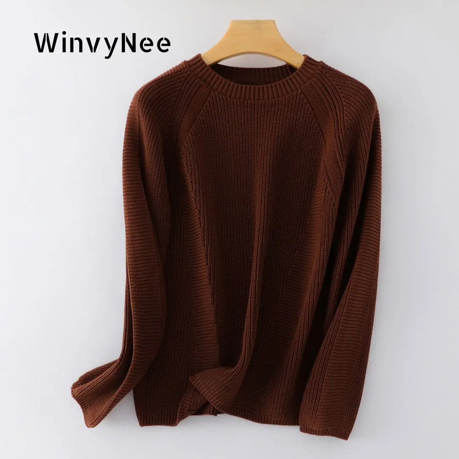 Maglione da donna lavorato a maglia con collo rotondo, maniche lunghe raglan, colore a tinta unita, stile casual