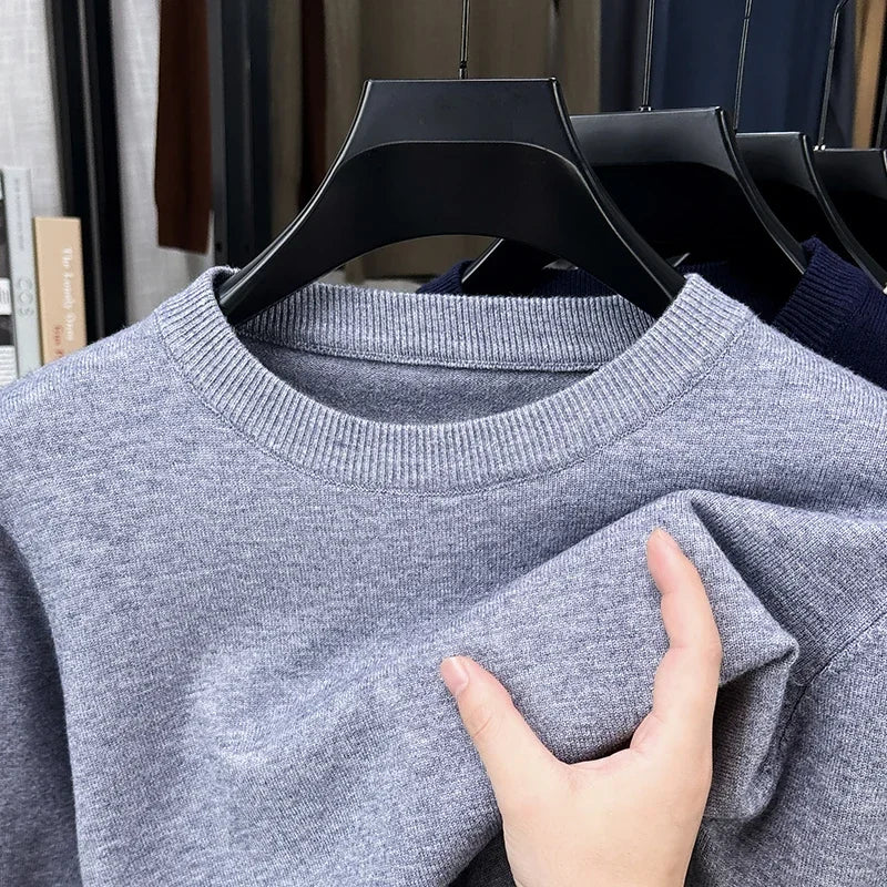 Jersey de hombre de cuello redondo, punto fino, beige jaspeado y mangas largas