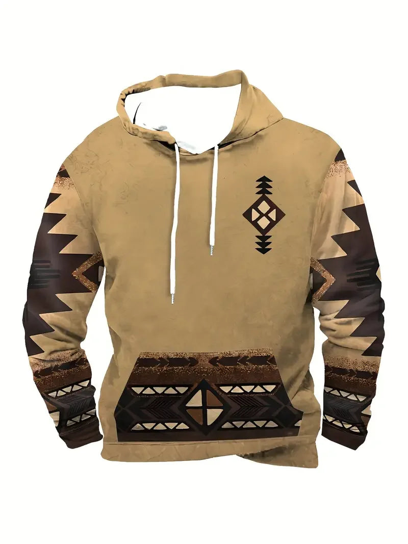 Sweat à Capuche Homme Motif Crâne de Taureau Tribal Vert Kaki