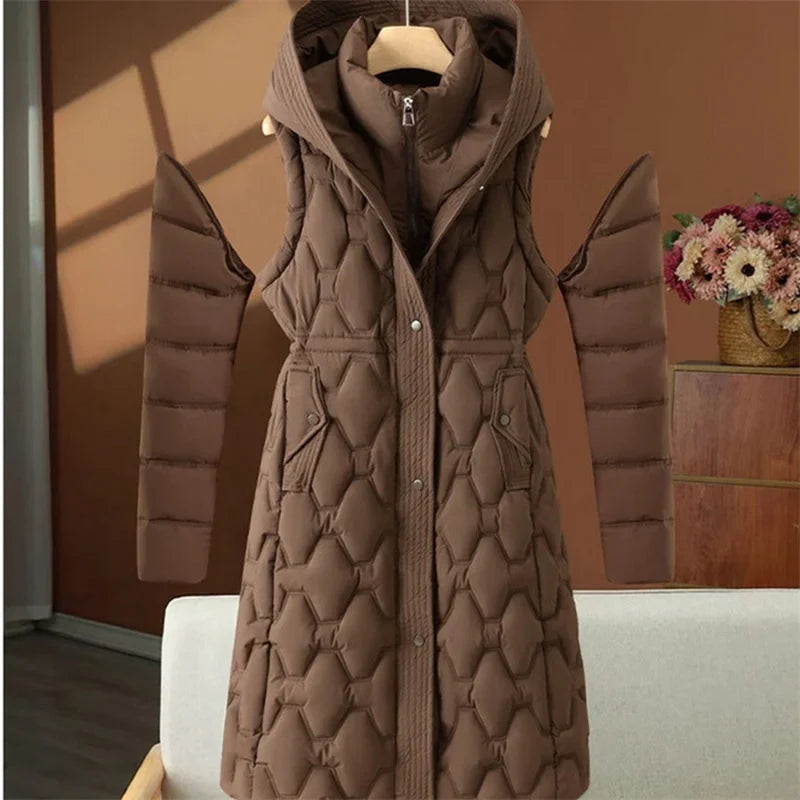 Langer gesteppter Damen-Wintermantel mit Kapuze, taillierter Schnitt, mehrere Farben