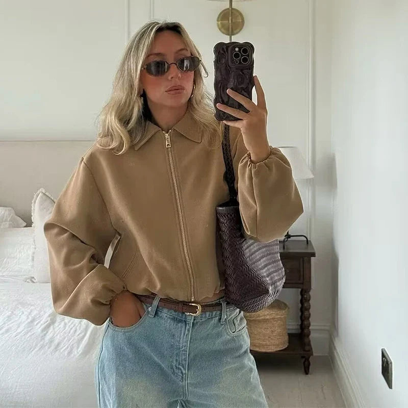 Blouson court femme décontracté à col chemise et manches amples