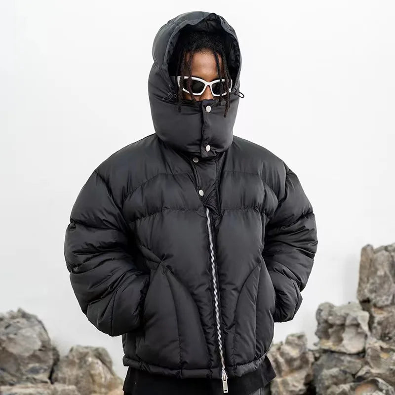 Men's short hooded quilted puffer jacket - Loose fit, zip and snap-button closure