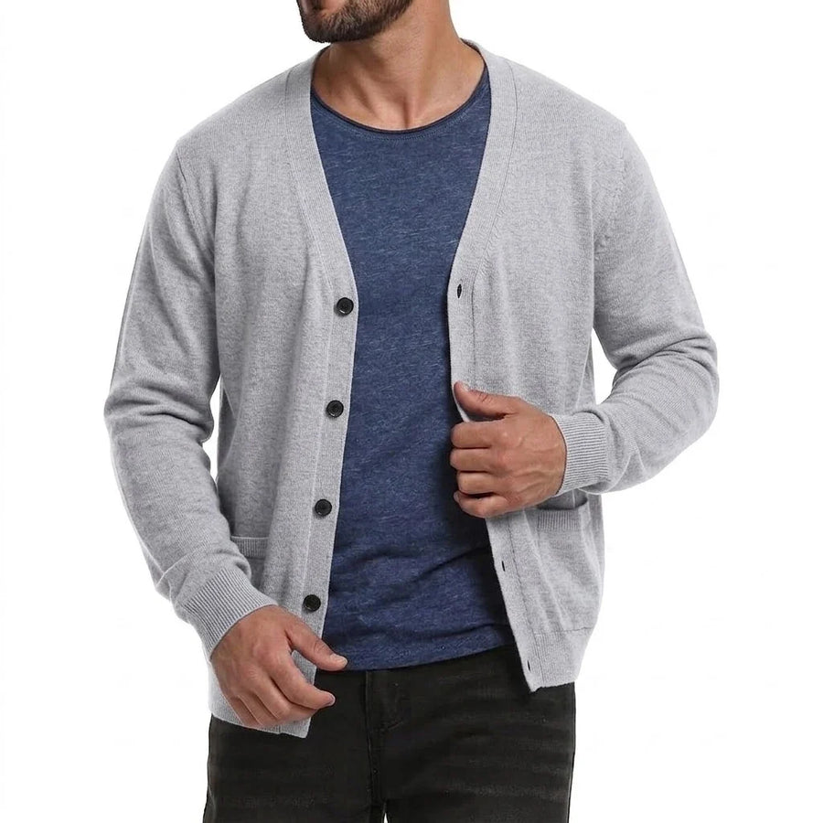 Cardigan da uomo con scollo a V, bottoni, lavorazione a maglia tinta unita, maniche lunghe e tasche