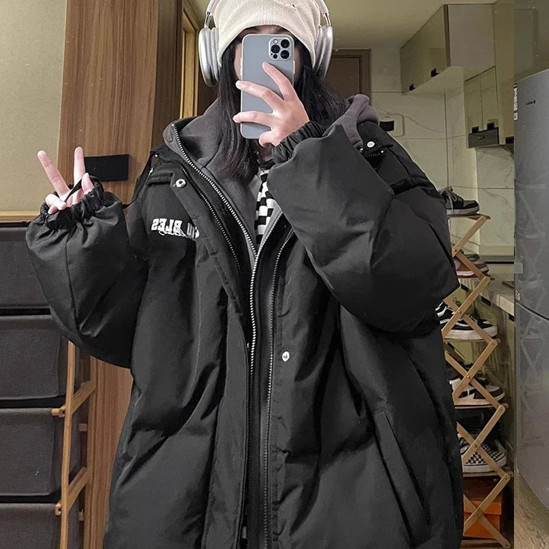 Oversize-Steppjacke mit abnehmbarer Kapuze, einfarbig