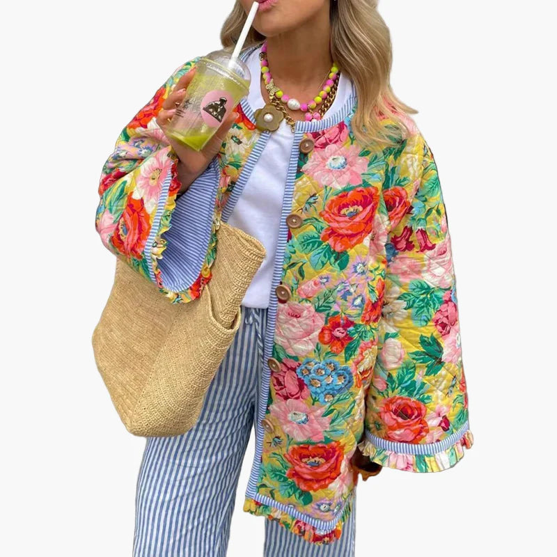 Boho pikowana kurtka damska w kwiatowy wzór oversize, idealna na wiosnę