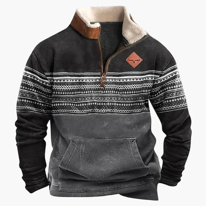 Sweat-shirt polaire homme style western à col zippé – Motifs ethniques et bisons