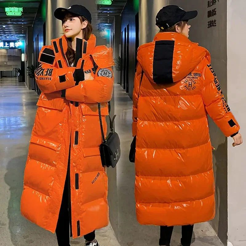 Doudoune longue brillante à capuche pour femme, coloris varié