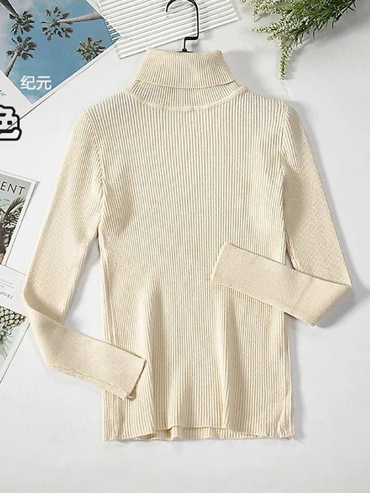 Damen-Rollkragenpullover aus Rippstrick mit langen Ärmeln, einfarbig