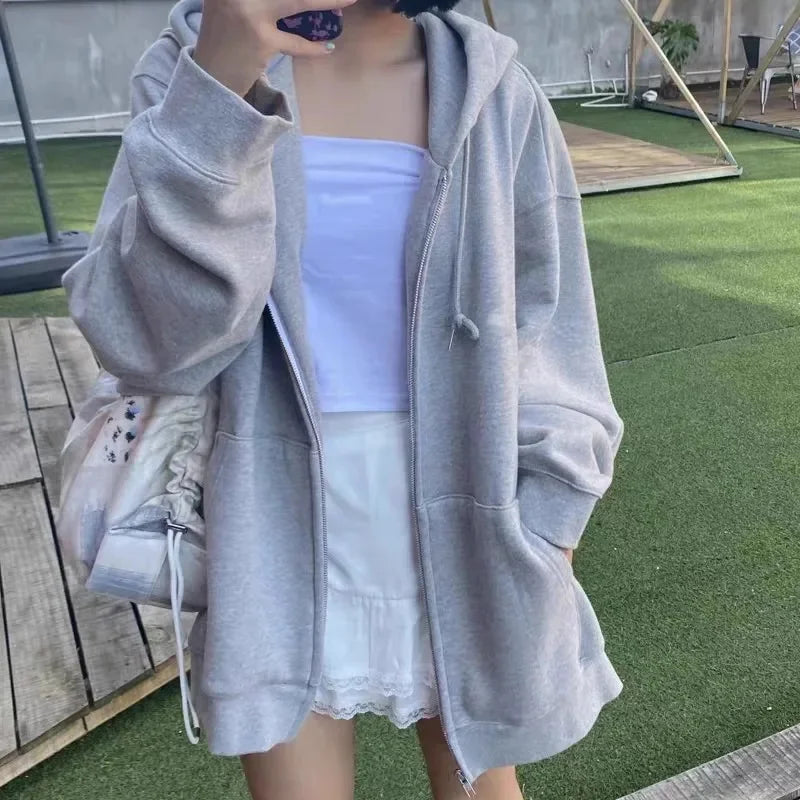 Sweat à Capuche Zippé Unisexe Ample avec Poches et Cordon Bleu Marine