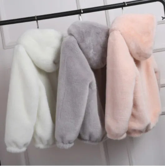 Women's Short Soft Faux Fur Hooded Jacket with Elasticized Waist