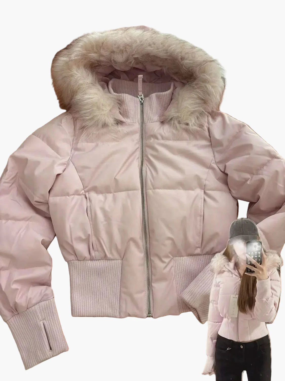 Damen-Daunenjacke im urbanen Stil mit Kapuze, tailliertem Schnitt und Kunstfellkragen für Herbst und Winter