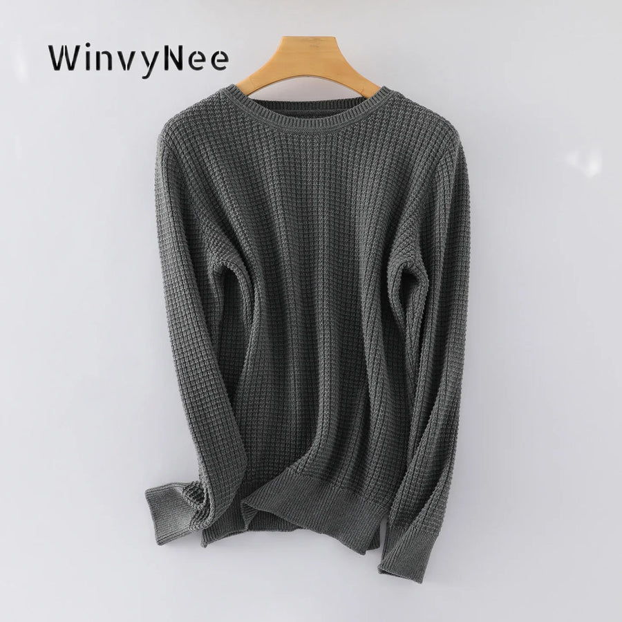 Jersey de punto gofrado de manga larga y cuello redondo para mujer