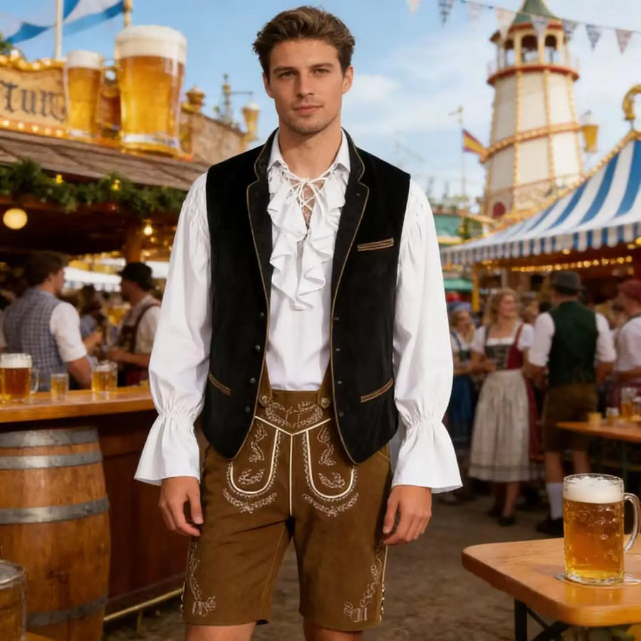Gilet en velours brodé et chemise à jabot pour homme de style traditionnel allemand