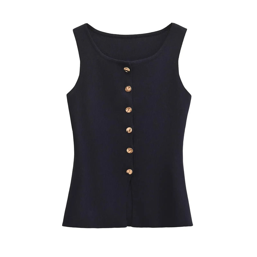 Women's sleeveless crew-neck top with decorative buttons