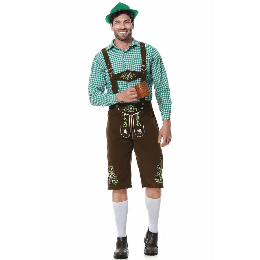 Completo da uomo in pelle con pantaloni corti tradizionali verdi a quadri e marroni ricamati oppure neri ricamati