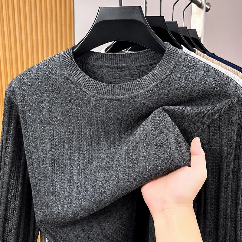 Pull léger homme col rond maille texturée gris clair uni