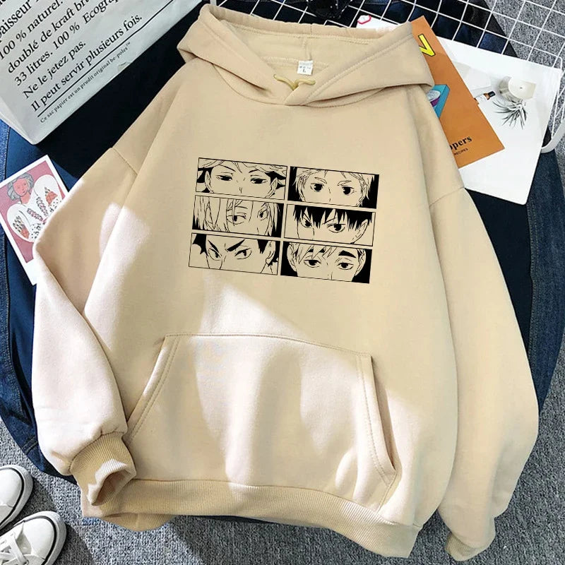 Unisex hettegenser med Haikyuu-grafikktrykk, avslappet stil