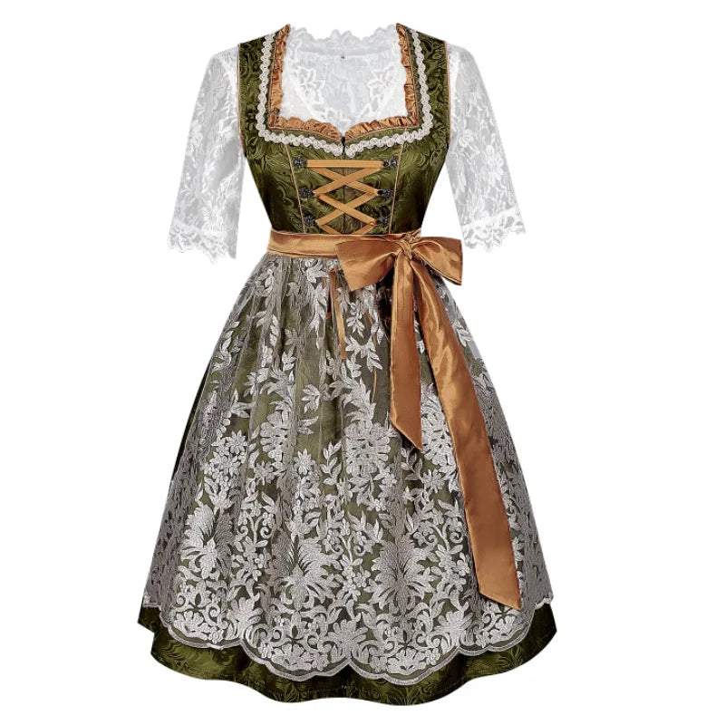 Traditionel dirndl-kjole til kvinder i olivengrøn og cremefarvet blonde med brunt forklæde