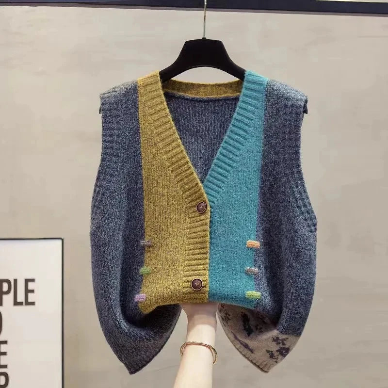 Gilet da donna in maglia senza maniche, multicolore, con scollo a V e bottoni decorativi