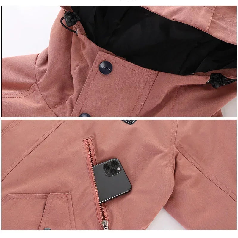 Giacca da sci impermeabile unisex con cappuccio, bianco sporco per snowboard e sport invernali