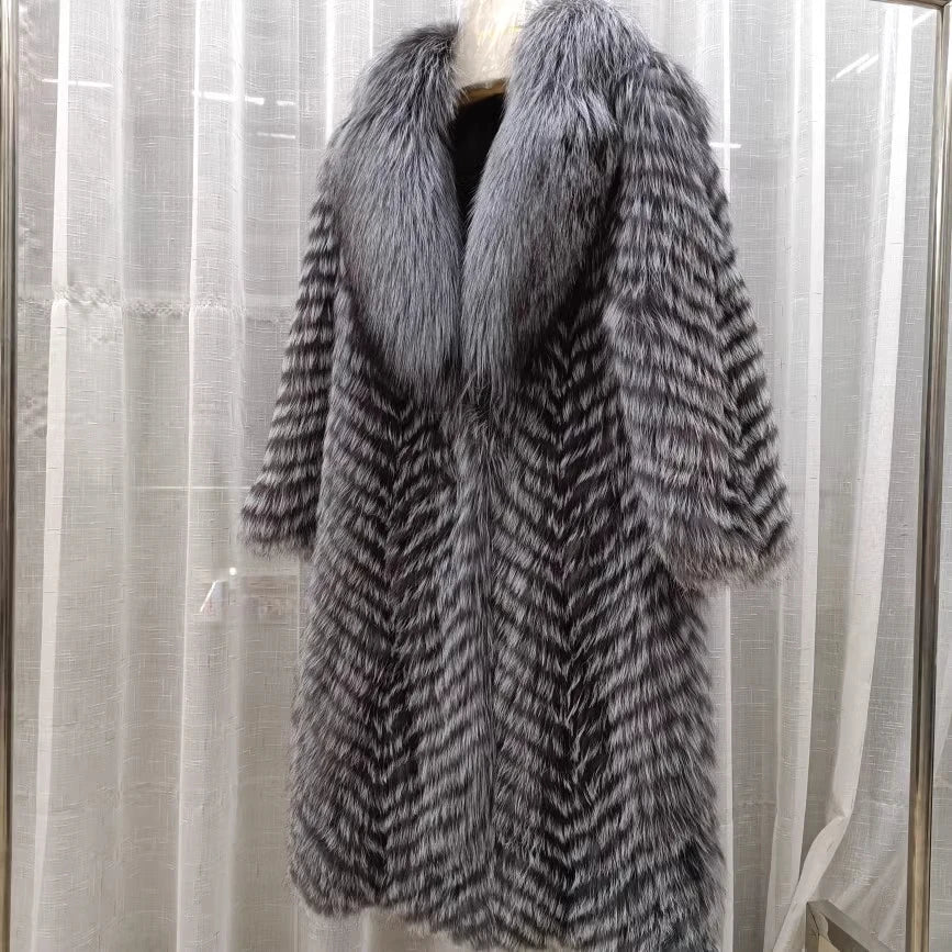 Manteau long pour femme en fausse fourrure à motif chevrons et col large