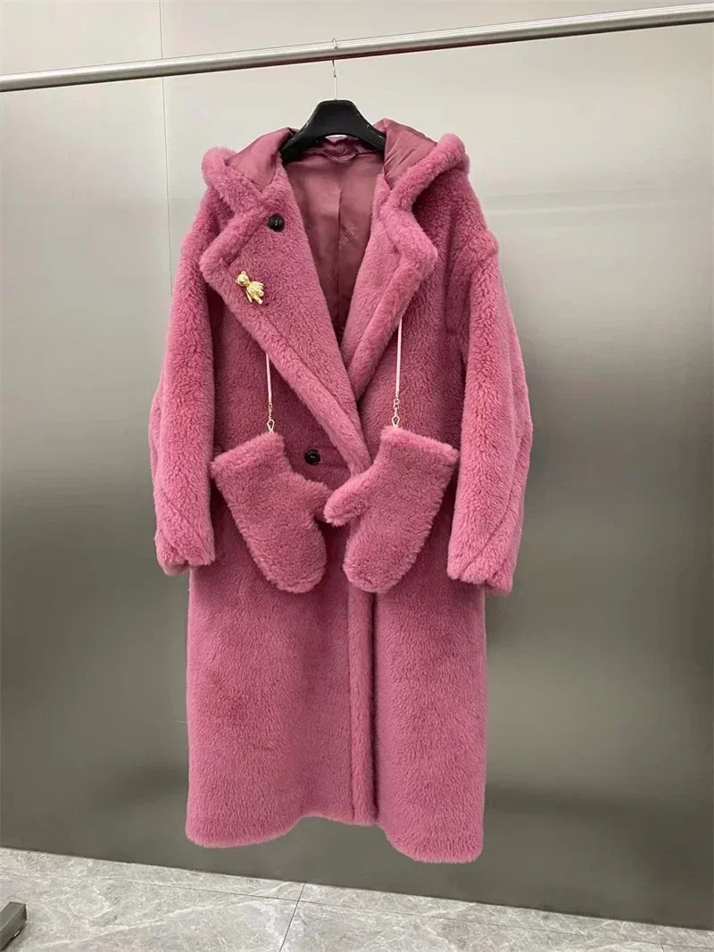 Manteau long femme doux à capuche style Teddy avec moufles assorties
